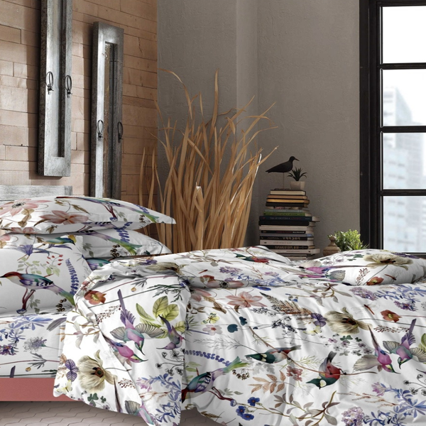 ткань Сатин Премиум "Птицы" цв. белый, цифровая печать